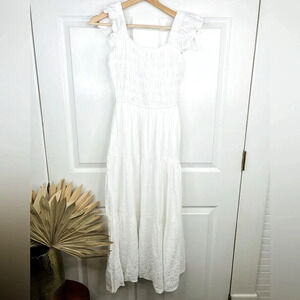 Blu Pepper Women's White Smocked Tiered Midi Dress Size S Ruffle Accents NWOT